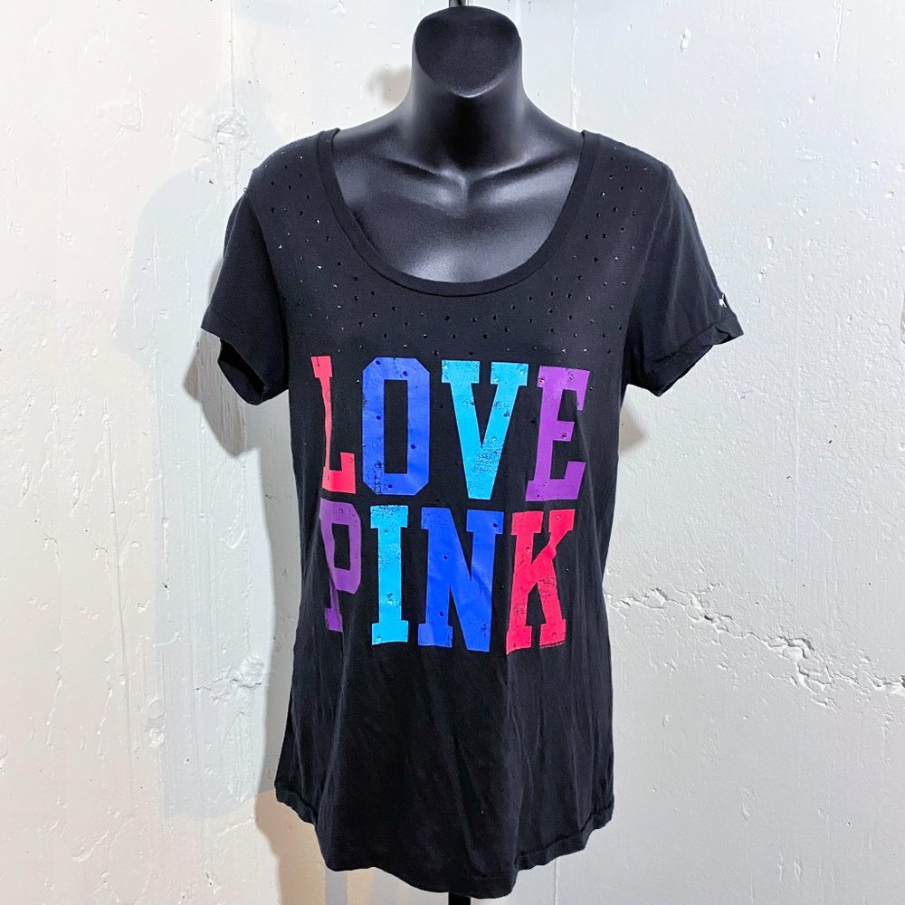 Y2K Victoria's Secret PINK "Love PINK" Graphic Sparkle Black Tee Size M/L